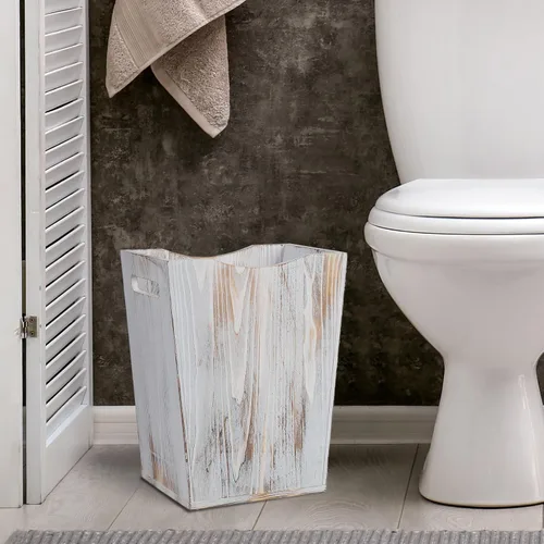 Vista 3 de Papelera rústica de madera estilo granja con dos asas recortadas para dormitorio, sala de estar, baño y oficina, contenedor de basura (blanco lavado)