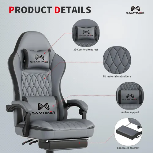 Vista 5 de Silla de juegos con reposapiés, silla ergonómica para computadora, material transpirable de poliuretano con reposacabezas y soporte lumbar, adecuada