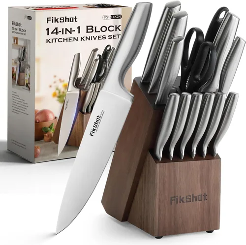 Juego de bloque de cuchillos, juegos de cuchillos de cocina con bloque, juego de cuchillos FIKSHOT - Cuchillos Santoku ultra afilados, juegos de