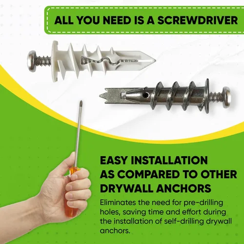 Vista 5 de Anclaje autoperforante de plástico y zinc para paneles de yeso con kit de tornillos, el paquete incluye 25 anclajes de plástico grandes y 25