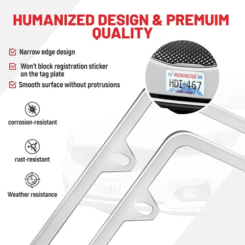 Vista 4 de RED WOLF Soporte de Placa de Auto con Marco de Placa de Licencia de Acero Inoxidable Pulido en Cromo Universal para Vehículos, Etiqueta