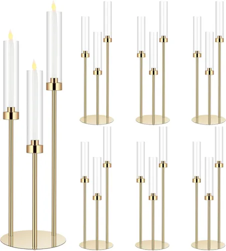 Vista 7 de Layhit Juego de 6 candelabros acrílicos de 3 brazos para boda, centro de mesa, 30.7 pulgadas, portavelas de piso alto transparente con soporte