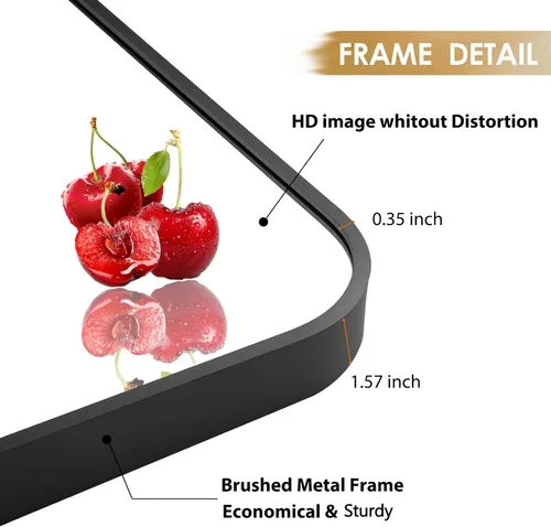 Vista 4 de Espejo de pared negro de 16 x 24 pulgadas para baño, espejo con marco de metal cepillado con esquina redondeada, espejo rectangular de tocador