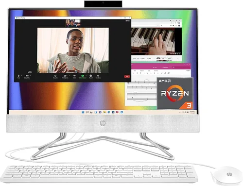 HP 22-dd0032 Computadora de escritorio todo en uno, pantalla de microborde Full HD de 21.5 pulgadas, procesador AMD Ryzen 3, gráficos AMD Radeon, 8