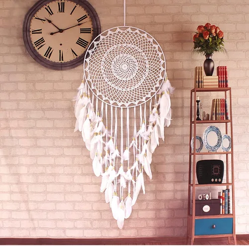 Vista 3 de Atrapasueños de plumas blancas con luz, atrapasueños hecho a mano para dormitorio, decoración para colgar en la pared, red circular para el hogar