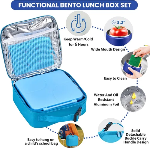 Vista 3 de Lonchera Bento con Termo de Sopa de 8 onzas, Contenedores de Comida con 4 Compartimentos a Prueba de Fugas para Niños con Taza de Salsa y Paquete