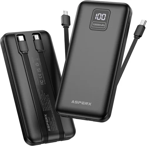 AsperX 2-Pack 10000mAh Portable Charger with Built-in Cables, USB C Travel Essential Battery Pack with 4 Outputs 2 Inputs,LED Display Power Bank
