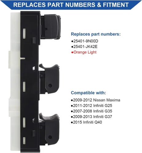 Vista 2 de Obaee 25401-9N00D Interruptor de ventana eléctrica delantera Control de botón maestro compatible con Nissan Maxima 2009-2012, Infiniti 2007-2008