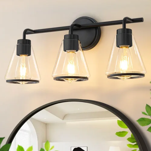 Vista 13 de Accesorios de iluminación de baño sobre espejo Luces de tocador doradas de 2 luces con pantalla de vidrio transparente de 14 pulgadas Luces