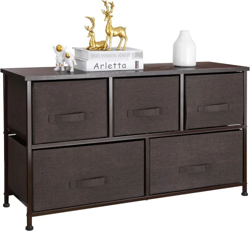 Vista 28 de Cómoda de tela con 5 cajones para almacenamiento, baúl de tela con cesta profunda, marco de acero resistente y parte superior de madera, Gris claro