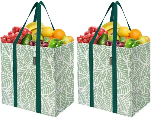 BALEINE 2 PK Grocery Bags Reusable Shopping Bags with Reinforced Bottom, Heavy Duty Foldable Tote Bags (Antique Folidage)