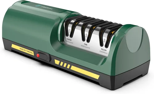 Afilador de cuchillos eléctrico para cocina, discos abrasivos de diamante de 3 etapas con guía de ángulo de precisión de 15°, grano 120/600/1000,