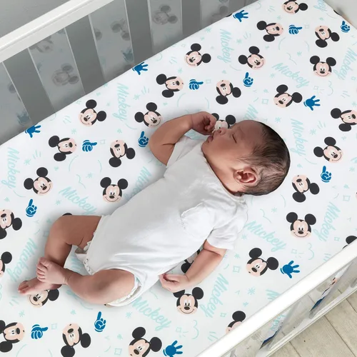 Vista 2 de Lambs & Ivy Disney Baby Forever Mickey Mouse - Sábana bajera ajustable para cuna blanca