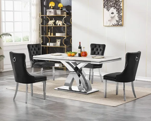 Vista 19 de Mesa de comedor de mármol blanco y dorado de 68.11 pulgadas con 6 sillas de comedor de terciopelo beige, juego de mesa de comedor de mármol Mesa
