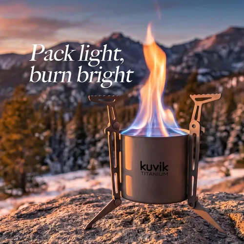 Vista 7 de Kuvik Estufa de alcohol con sifón de titanio con patas plegables, estufa ultraligera y compacta para mochileros, campamento y supervivencia