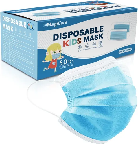 MAGICARE Mascarilla facial para niños (50 unidades), mascarillas desechables para niños, 3 capas, jóvenes de 4 a 12 años, suaves, cómodas y