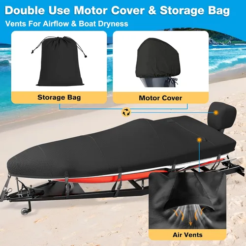 Vista 5 de Funda para Barco de 16-18 pies, Funda para Barco Bass 1200D, Fundas para Barco Resistentes e Impermeables con Funda para Motor y Kits de Drenaje