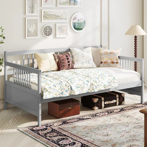 Vista 11 de Giantex - Marco de cama doble de día, sofá cama de madera con rieles y soporte de listones de madera, marco de cama de plataforma tamaño individual