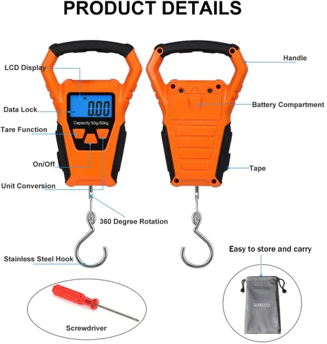 Vista 5 de ZHL - Báscula de pesca impermeable con regla báscula de equipaje gancho para colgar peso pantalla LCD retroiluminada de 1102lbs Bolsa Waterprof y 2
