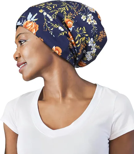 Vista 38 de Gorro de dormir ajustable con forro de satén para rastas de cabello rizado, cabeza grande, permanece puesta durante la noche beige púrpura