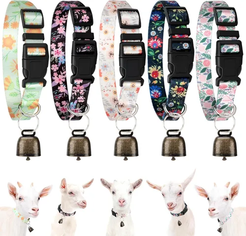 Vista 11 de Paquete de 5 collares reflectantes de cabra con campanas, juego de collar de nailon ajustable y campanas de cobre para pastoreo de caballo, oveja