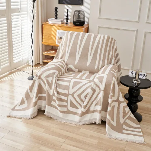 VClife Funda bohemia de felpilla para sofá, apta para mascotas, gruesa, beige, crema, blanco, a cuadros, triangular, con borlas, agradable a