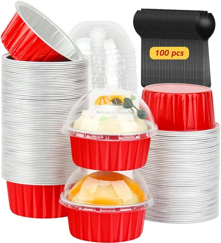 Vista 8 de LNYZQUS Mini moldes para hornear pasteles de 5 oz con tapas, paquete de 100, moldes desechables de aluminio para cupcakes, moldes pequeños