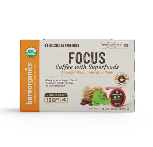 Vista 4 de BareOrganics Focus - Cápsulas de café con superalimentos y probióticos, compatibles con Keurig K-Cup Certificado USDA orgánico, vegano, sin OMG