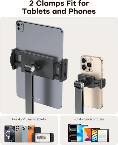 Vista 3 de OMOTON Soporte ajustable para tablet iPad, soporte de teléfono de escritorio para cama con 2 abrazaderas, soporte de aleación de aluminio flexible