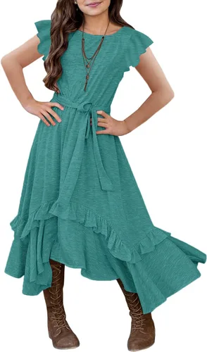 Vista 22 de MITILLY Vestido largo maxi suelto liso de manga 3/4 casual con bolsillos y volantes estilo swing con cinturón para niñas 01 Azul oscuro fultter