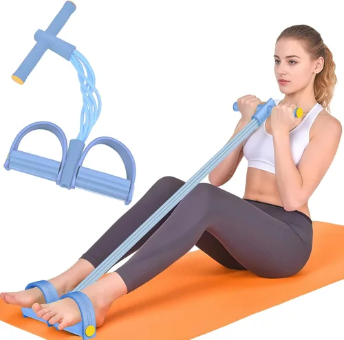 Pedal Resistance Band with Handles, 6-Tubes Natural Rubber Exercise Band Full Blue