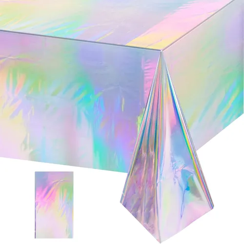 Vista 15 de 3 paquetes de mantel de plástico a cuadros negro y iridiscente, cubiertas de mesa rectangulares brillantes desechables con láser, mantel holográfico