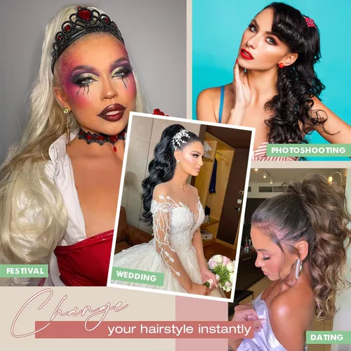 Vista 8 de Felendy Extensión de cola de caballo de 18 pulgadas, mezcla de rubio ceniza, marrón oscuro, rizado, ondulado, con clip, extensiones de cabello largo