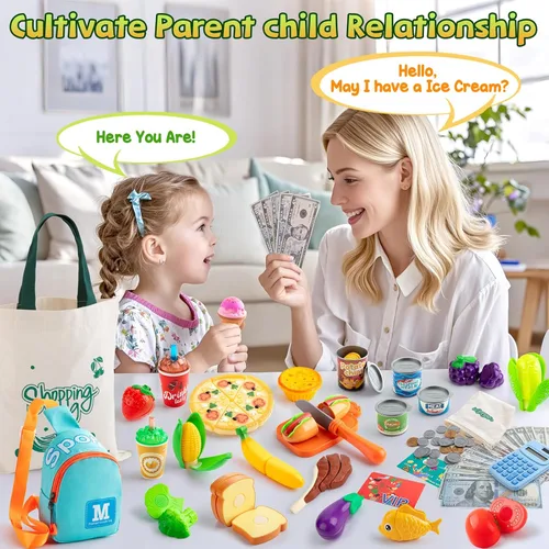 Vista 2 de Juegos de comida de juego de simulación para niños pequeños, juego de tienda de comestibles para niños con bolsas de compras, calculadora, cortar