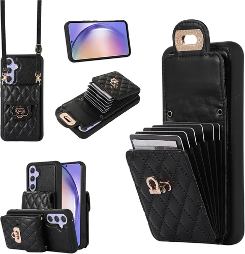 XYX Wallet Case for Samsung Galaxy A54 5G, Crossbody Strap PU Leather Accordion Organizer Card Holder Protective Case with Adjustable Lanyard, Black