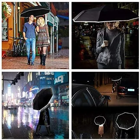 Vista 7 de LEAGERA Windproof Compact Umbrellas for Rain with LED Light Flashlight Umbrella, Oversized Travel Folding Umbrella Reflective Stripes Automatic