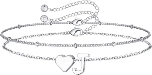 Vista 44 de M MOOHAM Pulseras de oro con inicial de corazón para mujer, pulseras con dije de letra A-Z de corazón dorado en capas para mujer, pulseras