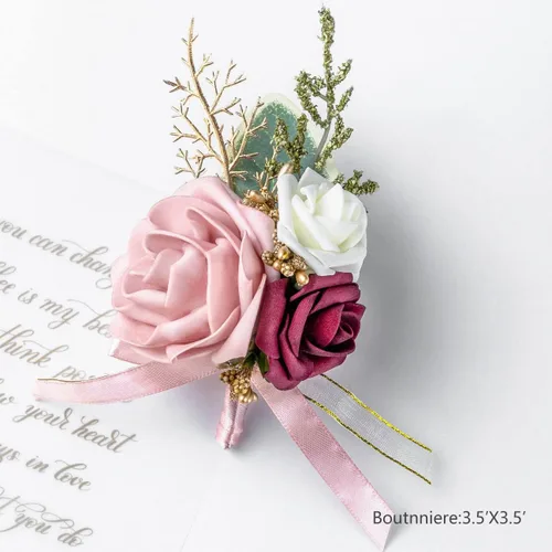 Vista 3 de Juego de muñequeras y ramillete de muñeca rosa rubor para boda, dama de honor, madre, abuela, para despedida de soltera, boda, rosas artificiales