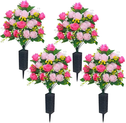 Lodou 4 juegos de flores artificiales de cementerio, ramo de flores conmemorativas con jarrón de cementerio, ramo de rosas artificiales, flores