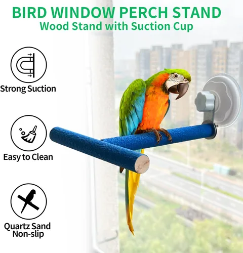 Vista 5 de FlidRunest Soporte de perca móvil para pájaros con ventosa para ventana, espejo, automóvil, ducha, arenas de cuarzo, soporte de perca