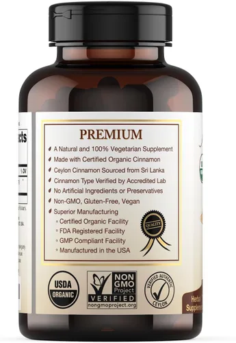 Vista 3 de Cápsulas orgánicas de canela de Ceilán certificadas por USDA, suplemento verificado sin OMG – 120 cápsulas, suministro para 2 meses