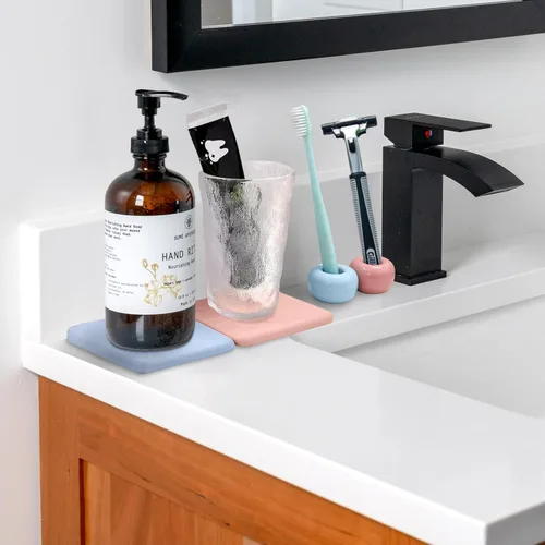 Vista 3 de SNAIL GARDEN Mini soportes de cerámica para cepillos de dientes con bandeja, 2 soportes pequeños para cepillos de dientes con 2 bandejas
