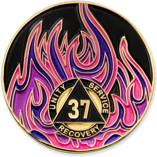 Vista 88 de Medallón de recuperación AA chapado en oro de 1 año Twisted Flames - Negro/Rojo/Naranja/Amarillo
