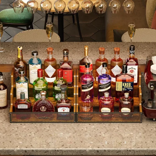 Vista 5 de Estante de exhibición de botellas de licor de 3 pasos para encimera, estantes de bar de madera para 12 botellas con cercas, estantes