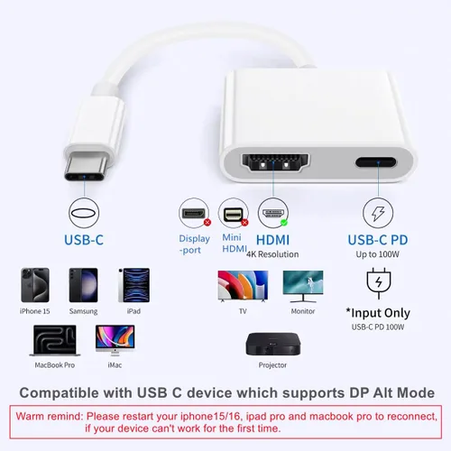 Vista 4 de AIRSKY Adaptador USB C a HDMI, adaptador USBC a HDMI para iPhone 16, carga rápida de 100W y 4K@60Hz, compatible con iPhone 16/15, MacBook Pro, iPad
