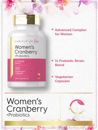 Vista 4 de Carlyle Probióticos Cranberry Plus para mujer 120 cápsulas con 14 cepas probióticas Vegetariano, sin OMG, suplemento sin gluten para ella