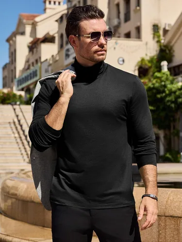 Vista 3 de Camisetas de cuello alto falso de moda para hombre, suéter de manga larga, diseño básico, camiseta interior ajustada