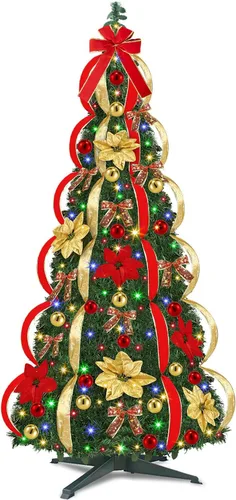 Árbol de Navidad preiluminado de 7 pies, árbol de Navidad artificial plegable con 250 luces LED blancas cálidas, control remoto, 11 modos de