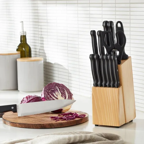 Vista 8 de Yaxa BasicsJuego de cuchillos de cocina de 14 piezas, cuchillas de acero inoxidable de alto carbono con bloqueo de madera de pino, negro