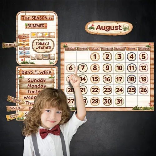 Vista 5 de Fancy Land Juego de tablones de anuncios con calendario rústico para aula, diseño de grano de madera, decoración de tablón de anuncios para aula, 97